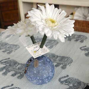 Blue Glass Vase with White Flower Pens